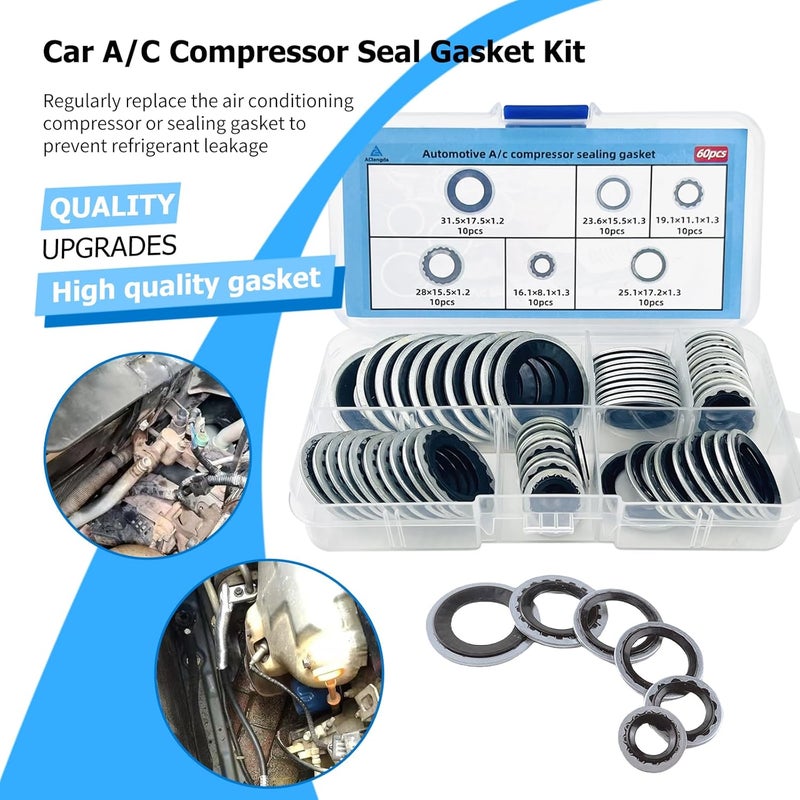 AClengda 60pcs automotive A/C system compressor gasket seal, Air Conditioner Compressor Port Seal Gasket Kit Bonded Gasket Seal Assortment Set (60 pcs) - Image 3